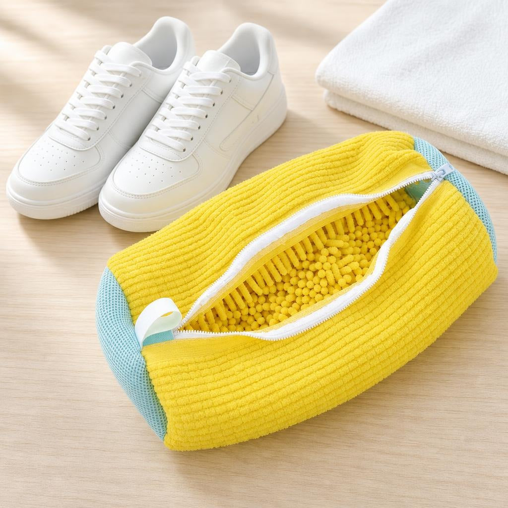 Par de tenis blancos limpios junto a la bolsa amarilla para lavar zapatos