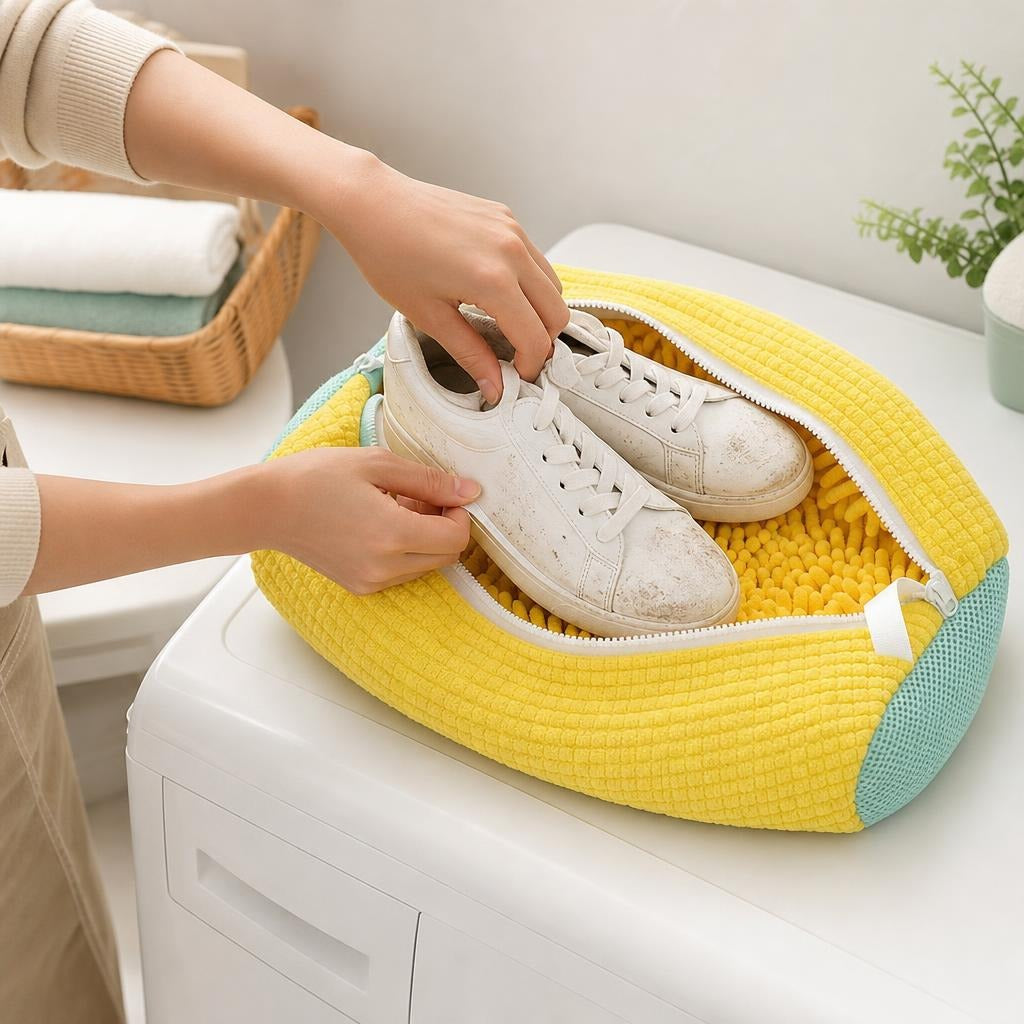Manos metiendo un par de tenis blancos sucios en la bolsa amarilla para lavar zapatos