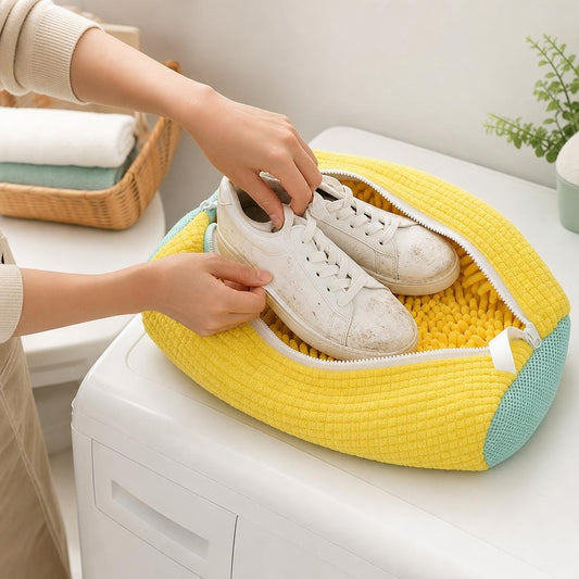 Manos metiendo un par de tenis blancos sucios en la bolsa amarilla para lavar zapatos