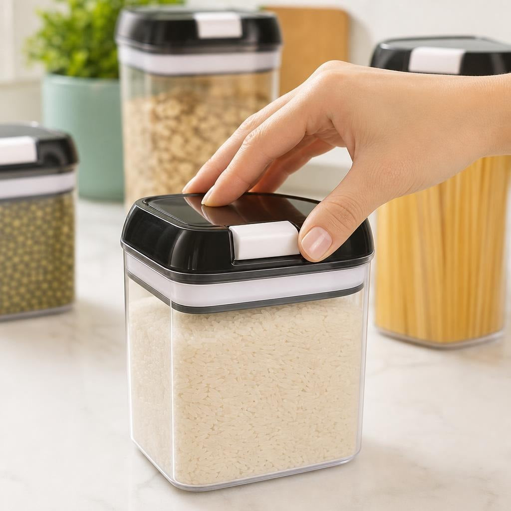 Mano bajando la palanca blanca de la tapa de un contenedor con arroz