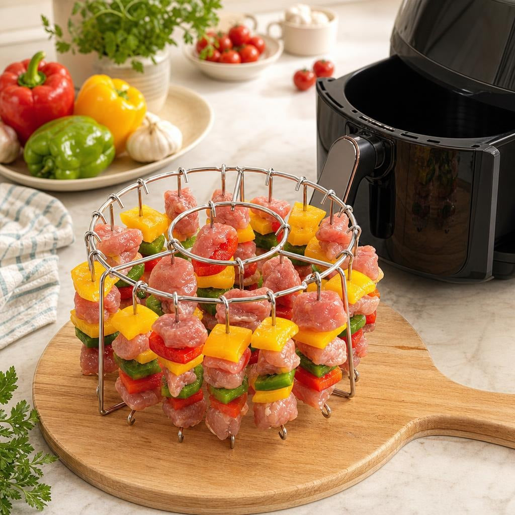 Parrilla de acero con pinchos de pollo y pimentón colgados, junto a una freidora de aire