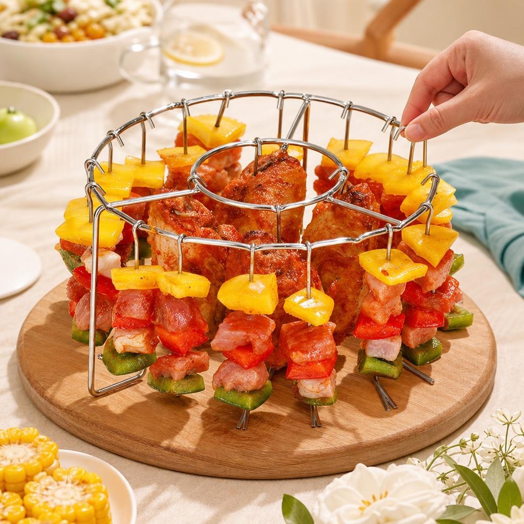 Pinchos cocinados colgados de la parrilla servidos en la mesa