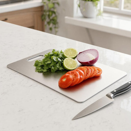 Tabla para picar de acero inoxidable con tomate, cebolla, cilantro y limón sobre un mesón de cocina