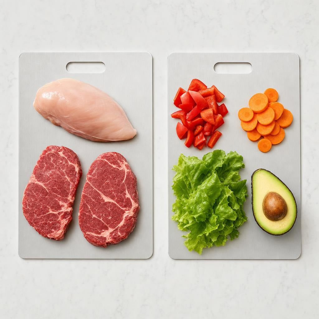 Pack de dos tablas de acero: una para carnes y otra para frutas y verduras