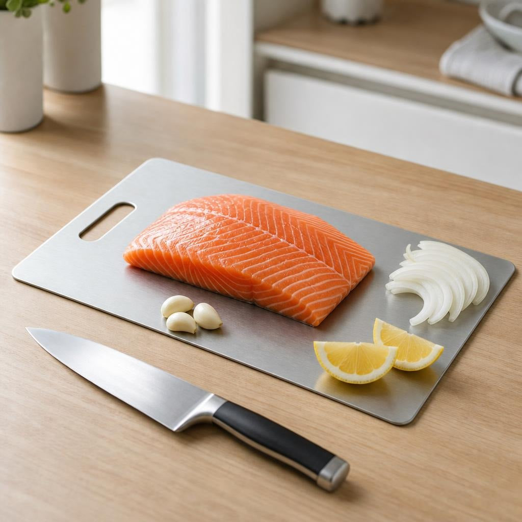 Tabla de acero inoxidable con salmón, ajo, cebolla y limón