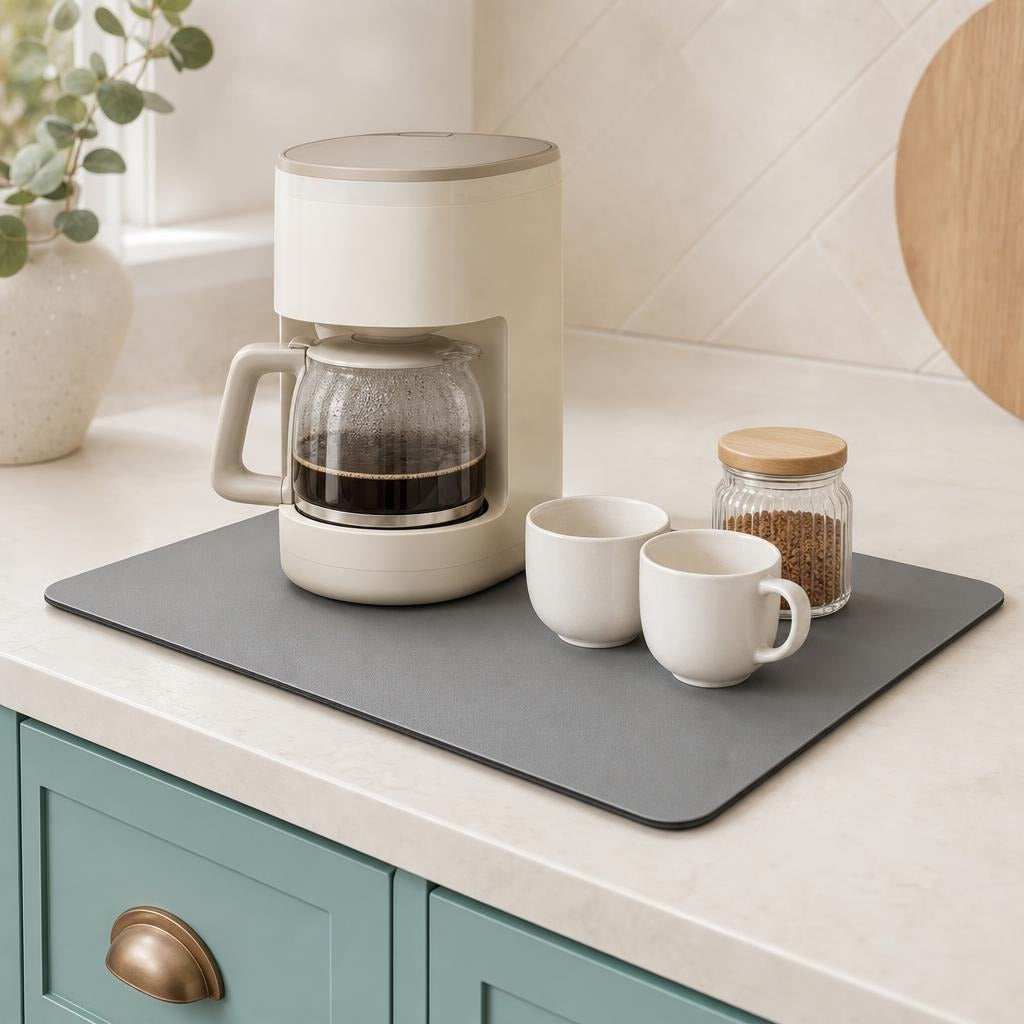 Tapete gris usado como base para la cafetera y las tazas
